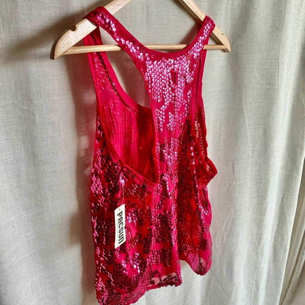 New VTG Nollie Womens Y2K Sequin Cropped Tank Size‎ M Pink NYE Festive Bright - Picture 16 of 16